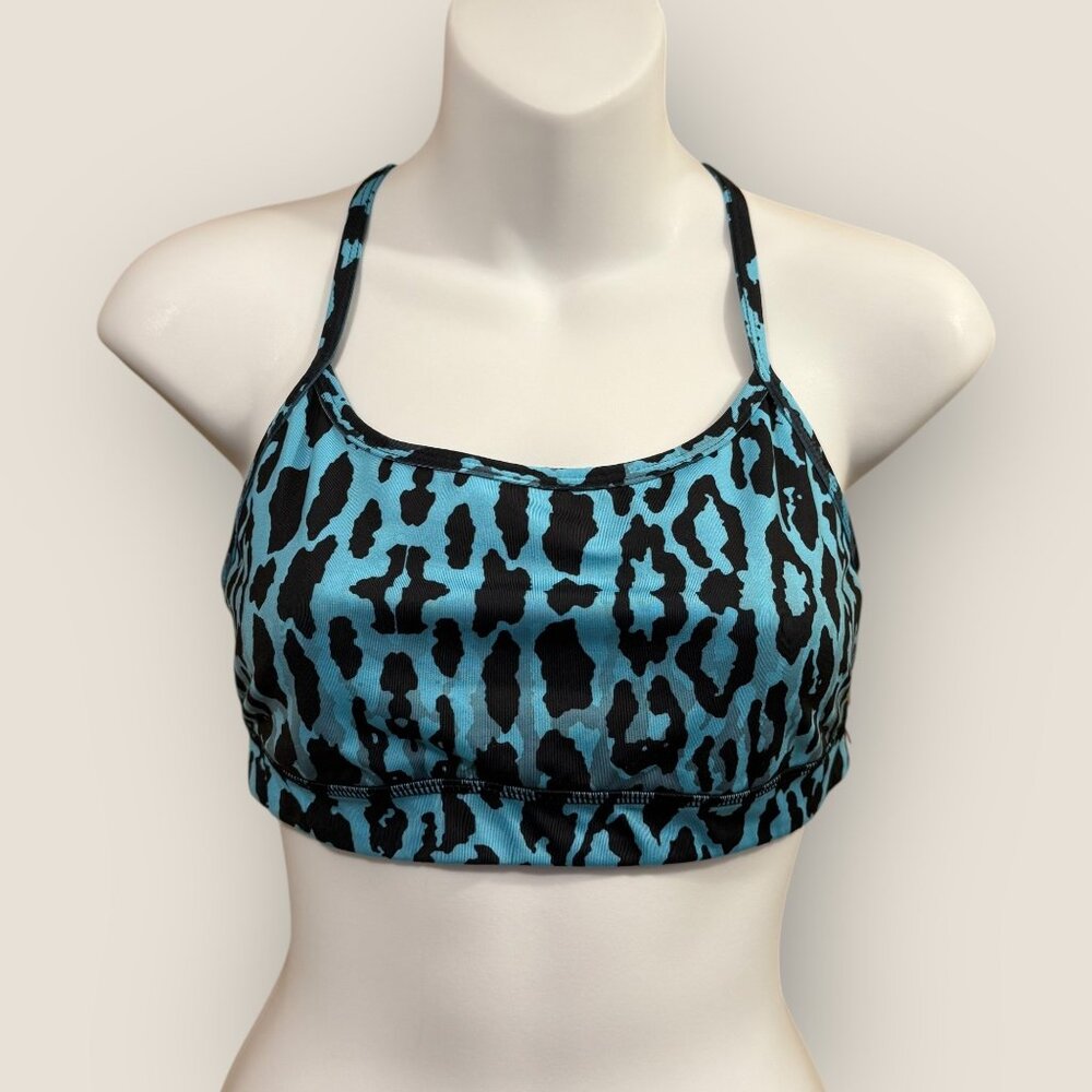 Byzella Womens Blue Black Leopard Print Active Sports Bra Strappy Back Sz M Swim